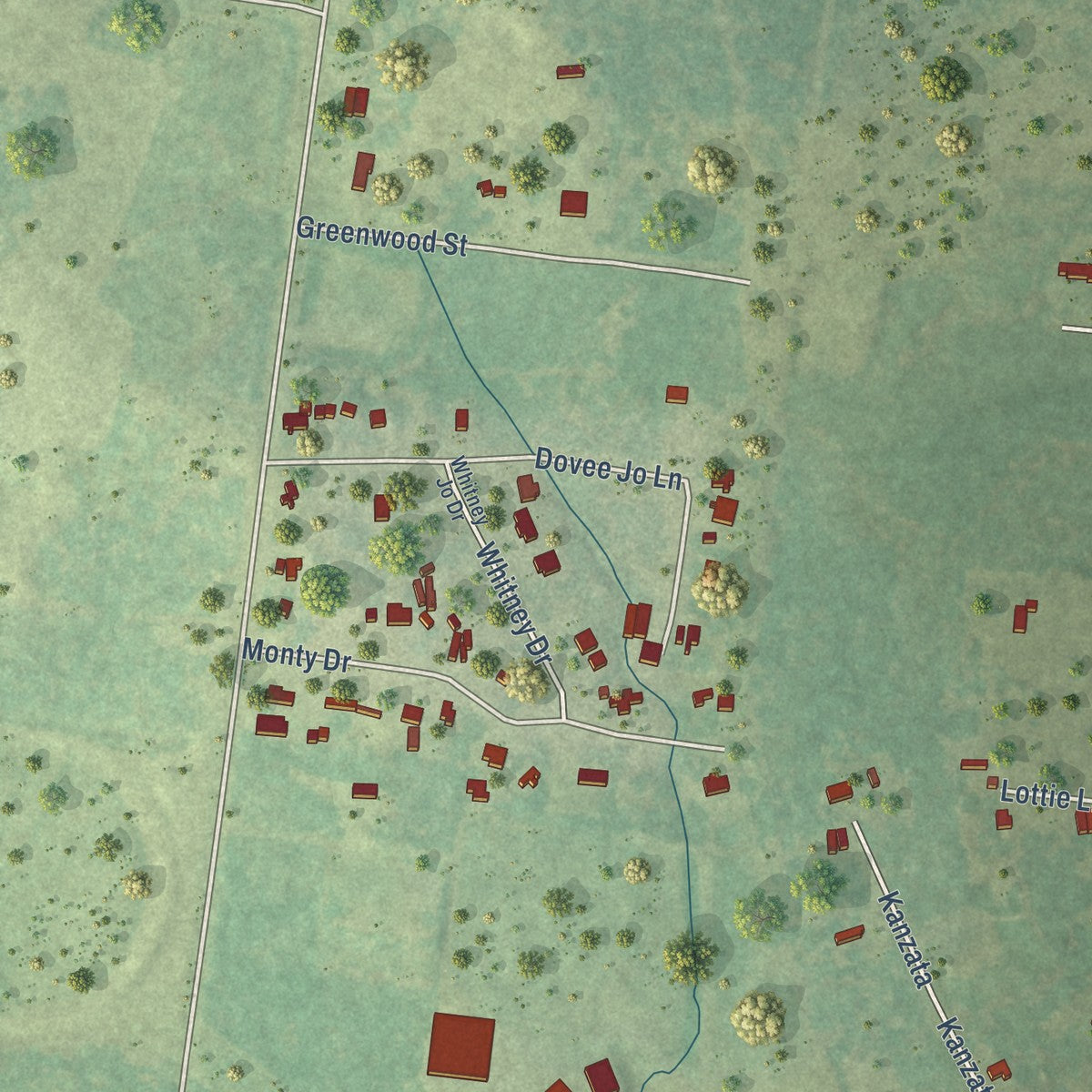 Close-up of the map of Easton, Texas print showing street and building detail