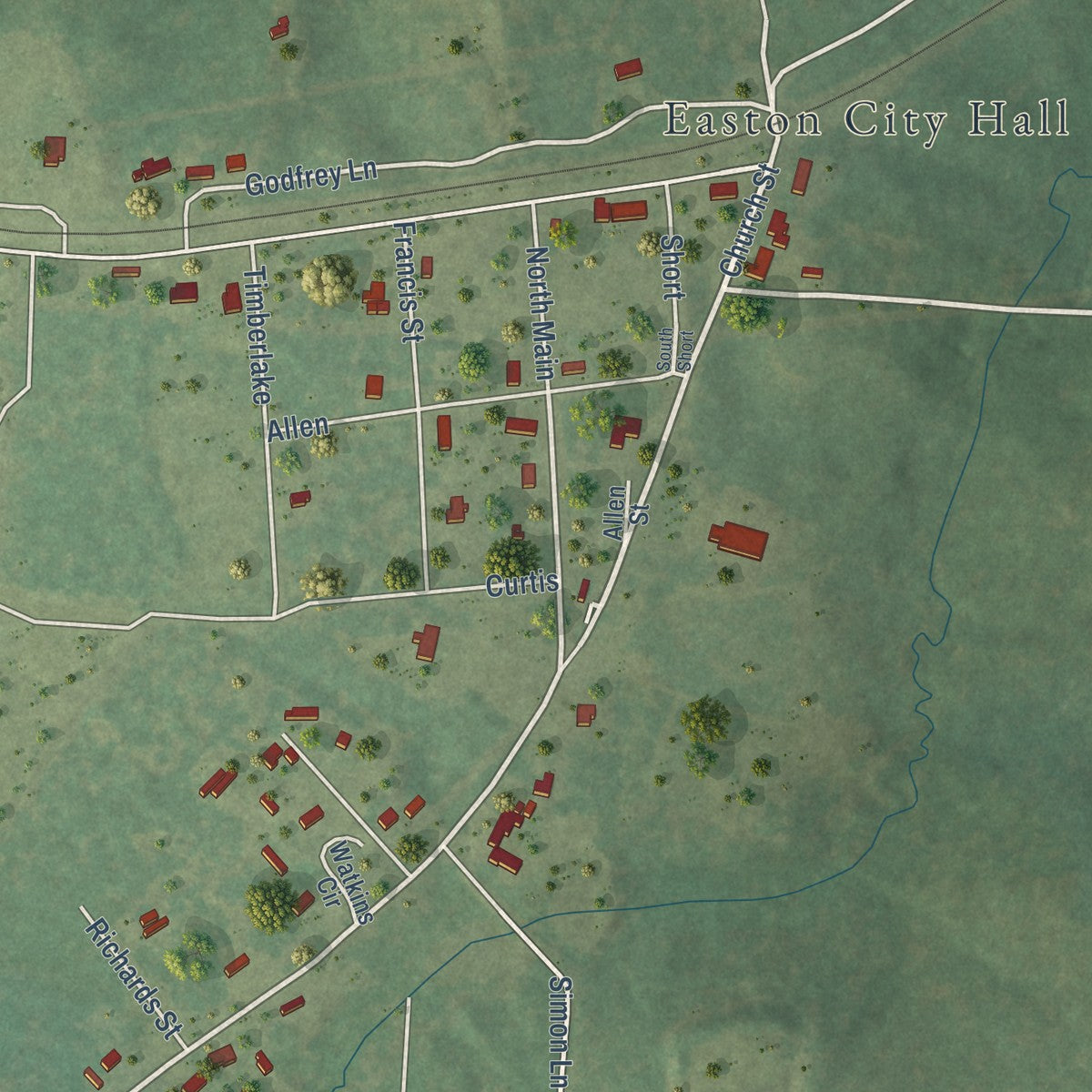 Second close-up of the map of Easton, Texas print showing more streets and buildings
