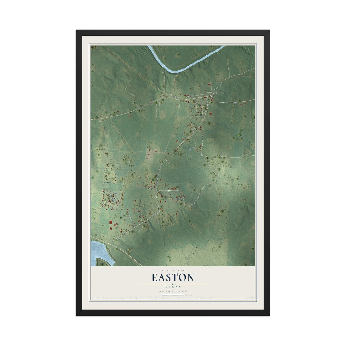 Map of Easton, Texas, 12 x 18 inch print in a black wood frame