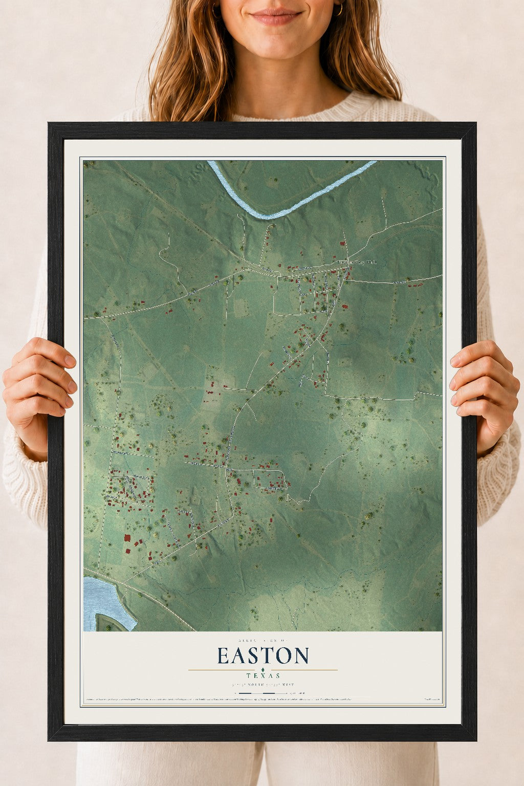 Map of Easton, Texas, 18 x 24 inch print in a black wood frame