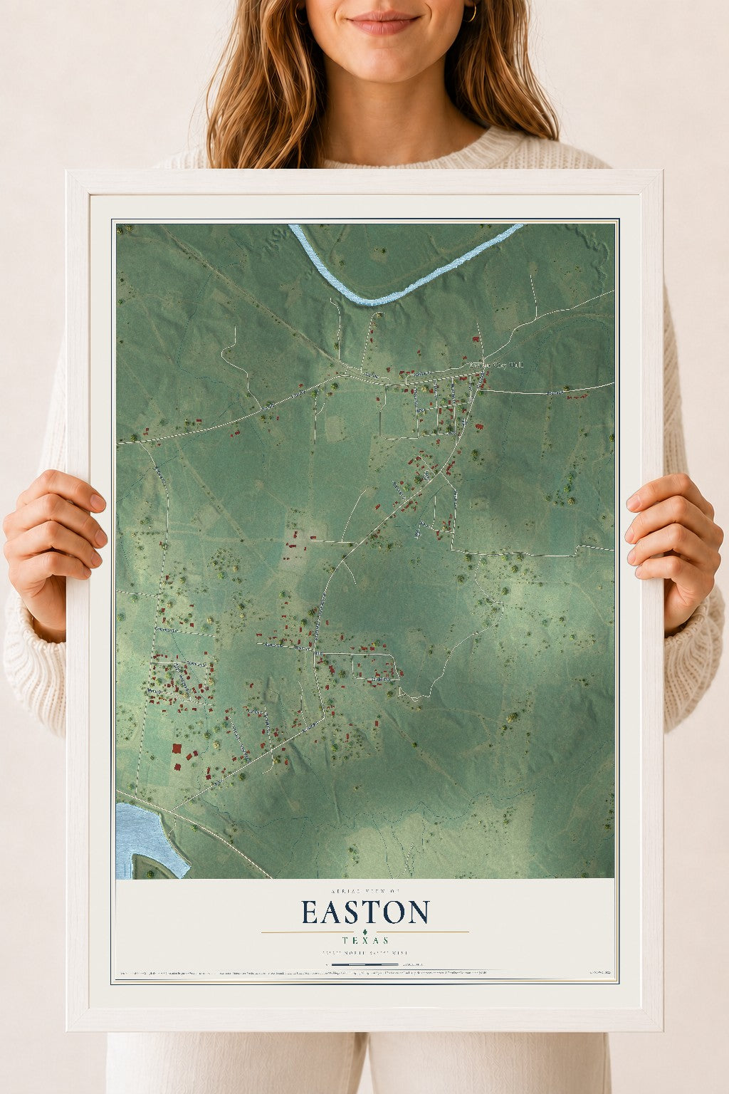 Map of Easton, Texas, 18 x 24 inch print in a white wood frame