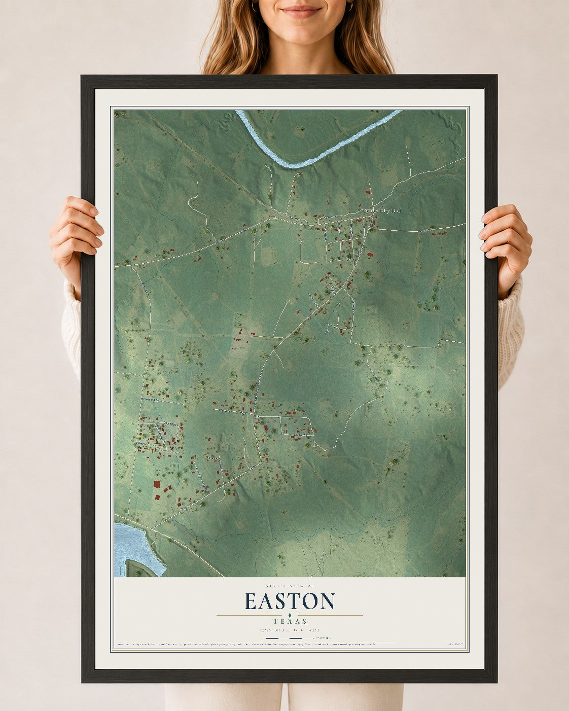 Map of Easton, Texas, 24 x 36 inch print in a black wood frame