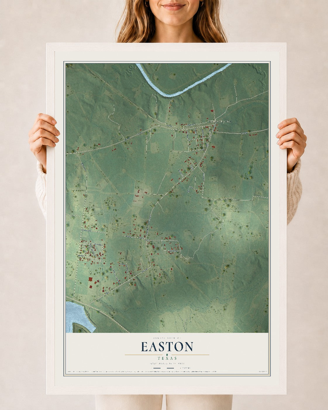 Map of Easton, Texas, 24 x 36 inch print in a white wood frame