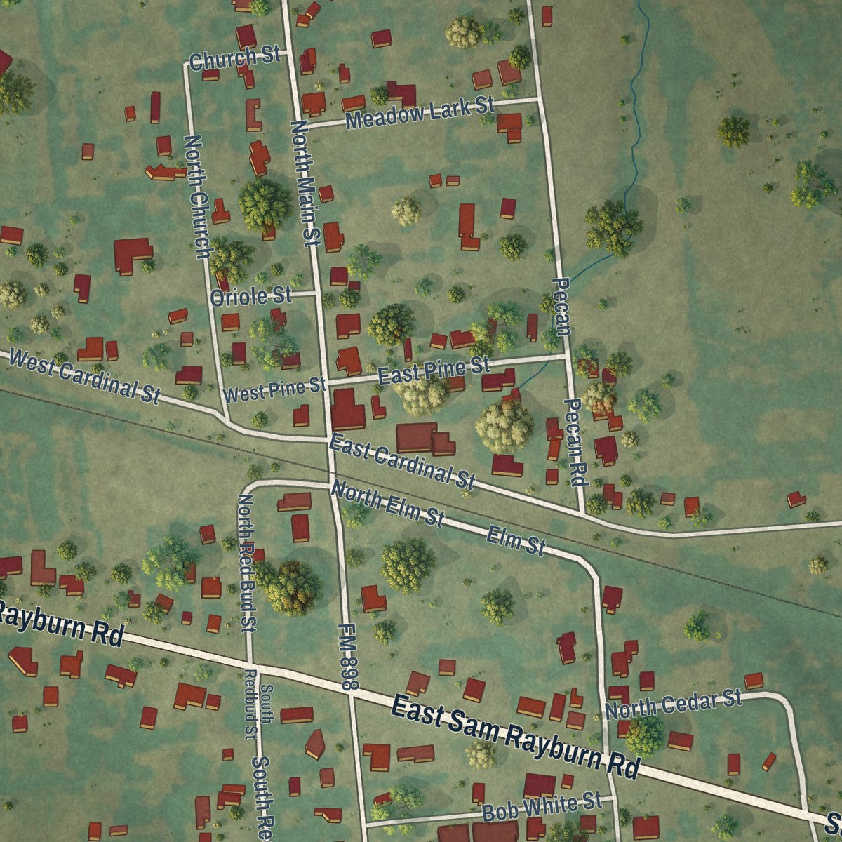 Close-up of the map of Ector, Texas print showing street and building detail