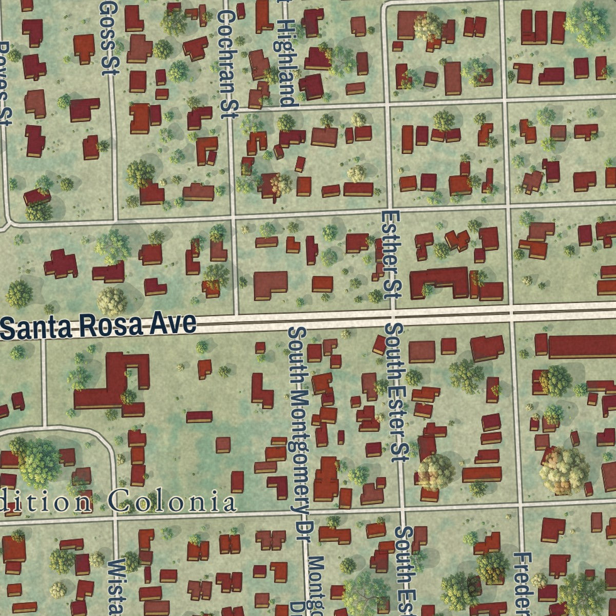 Close-up of the map of Edcouch, Texas print showing street and building detail