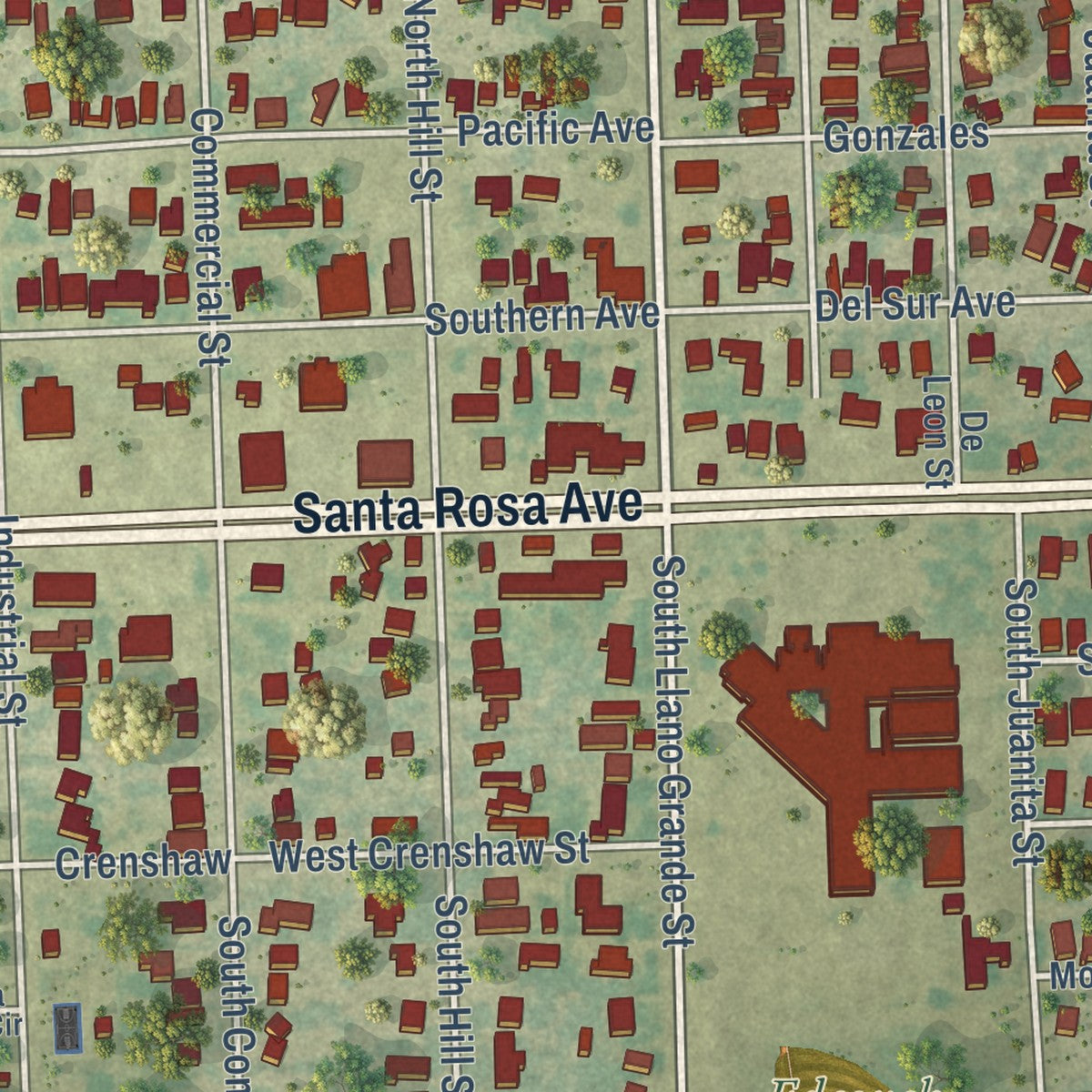 Second close-up of the map of Edcouch, Texas print showing more streets and buildings