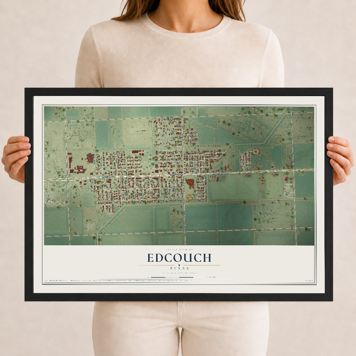 Map of Edcouch, Texas, 12 x 18 inch print in a black wood frame