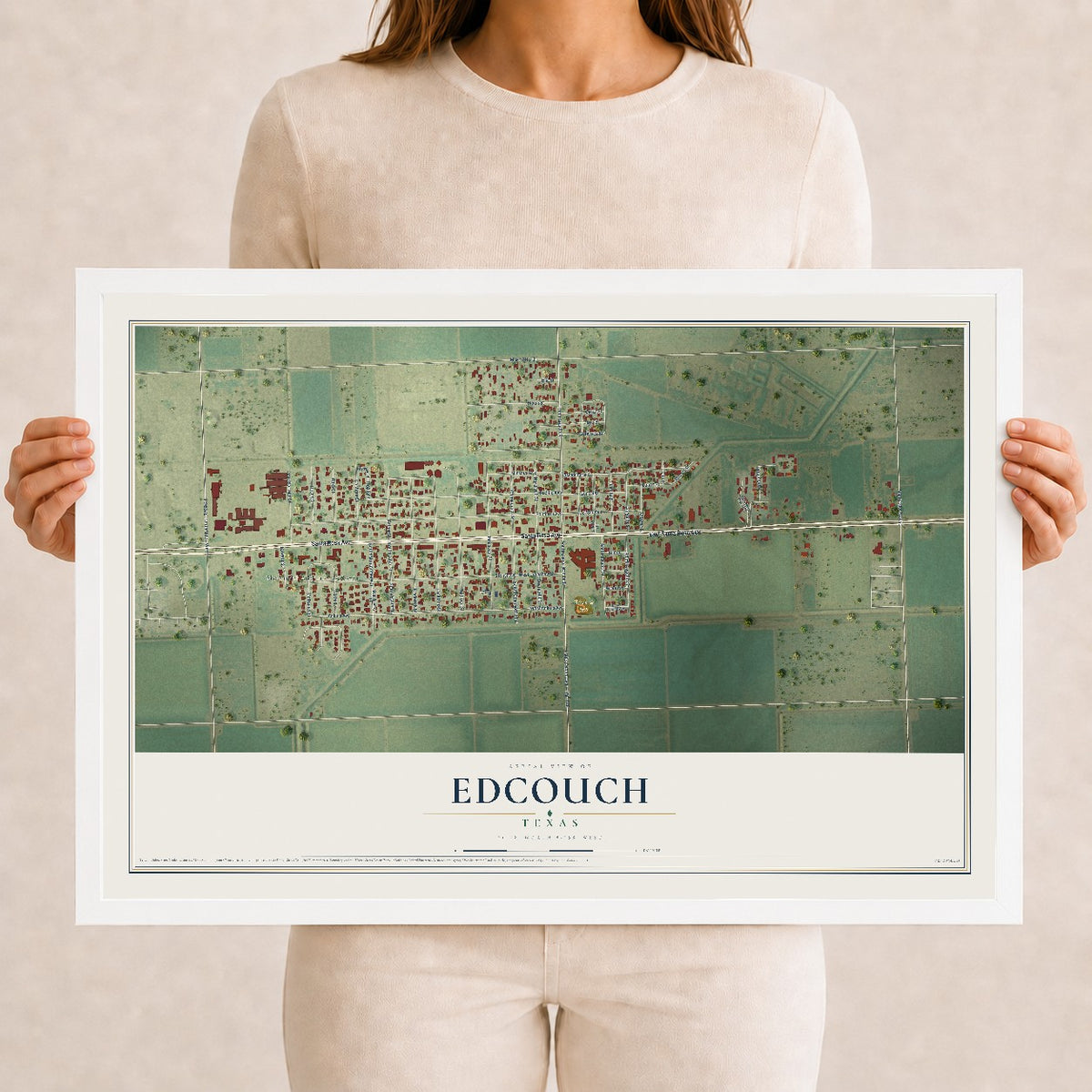 Map of Edcouch, Texas, 12 x 18 inch print in a white wood frame