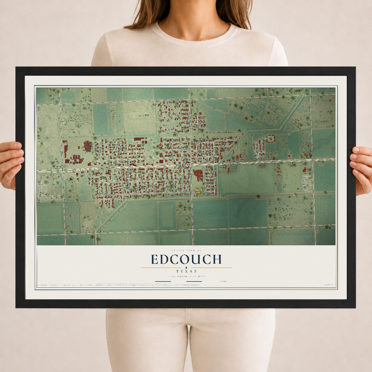 Map of Edcouch, Texas, 18 x 24 inch print in a black wood frame