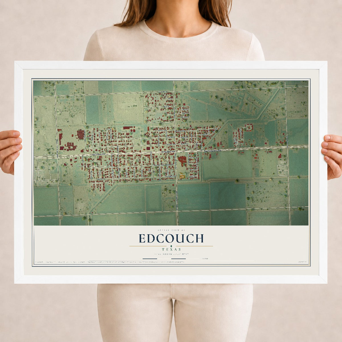Map of Edcouch, Texas, 18 x 24 inch print in a white wood frame