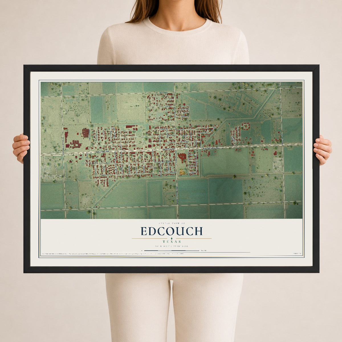 Map of Edcouch, Texas, 24 x 36 inch print in a black wood frame