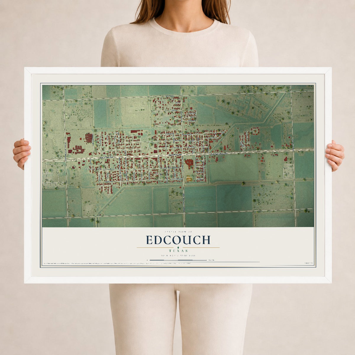 Map of Edcouch, Texas, 24 x 36 inch print in a white wood frame