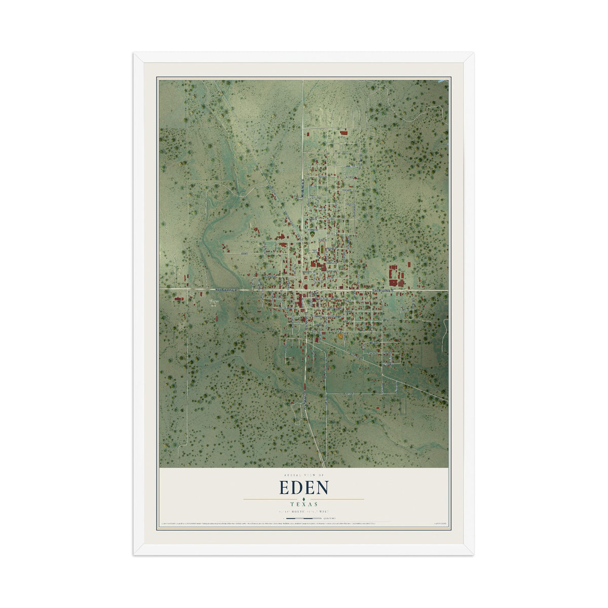 Map of Eden, Texas, 12 x 18 inch print in a white wood frame