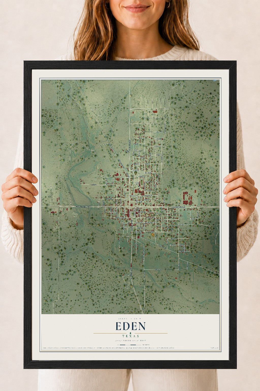 Map of Eden, Texas, 18 x 24 inch print in a black wood frame