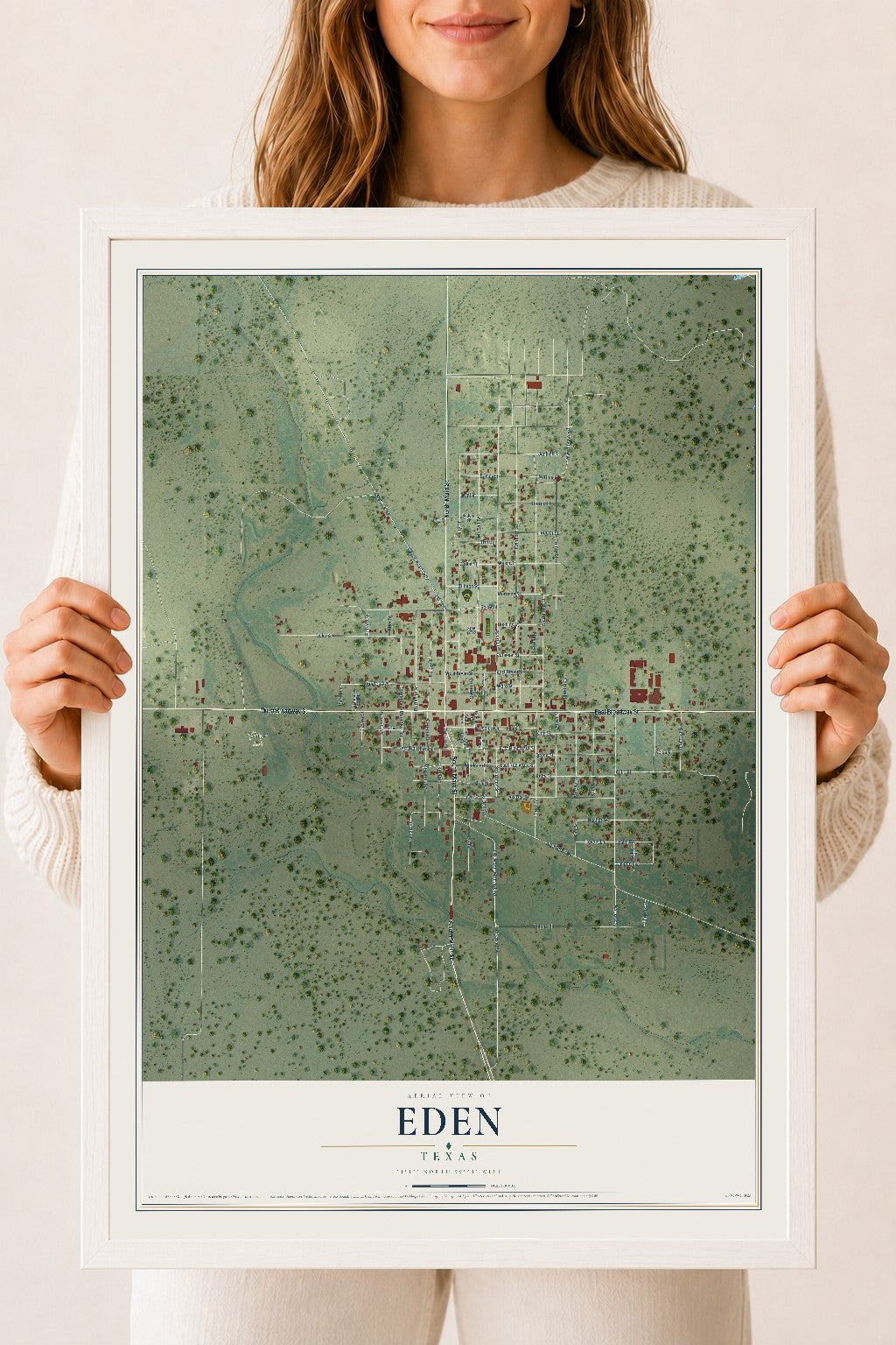 Map of Eden, Texas, 18 x 24 inch print in a white wood frame