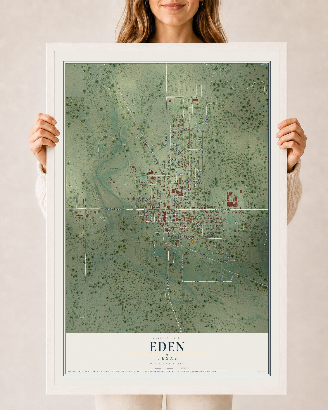 Map of Eden, Texas, 24 x 36 inch print in a white wood frame