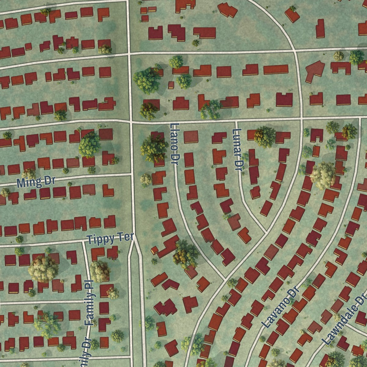 Close-up of the map of Edgecliff Village, Texas print showing street and building detail