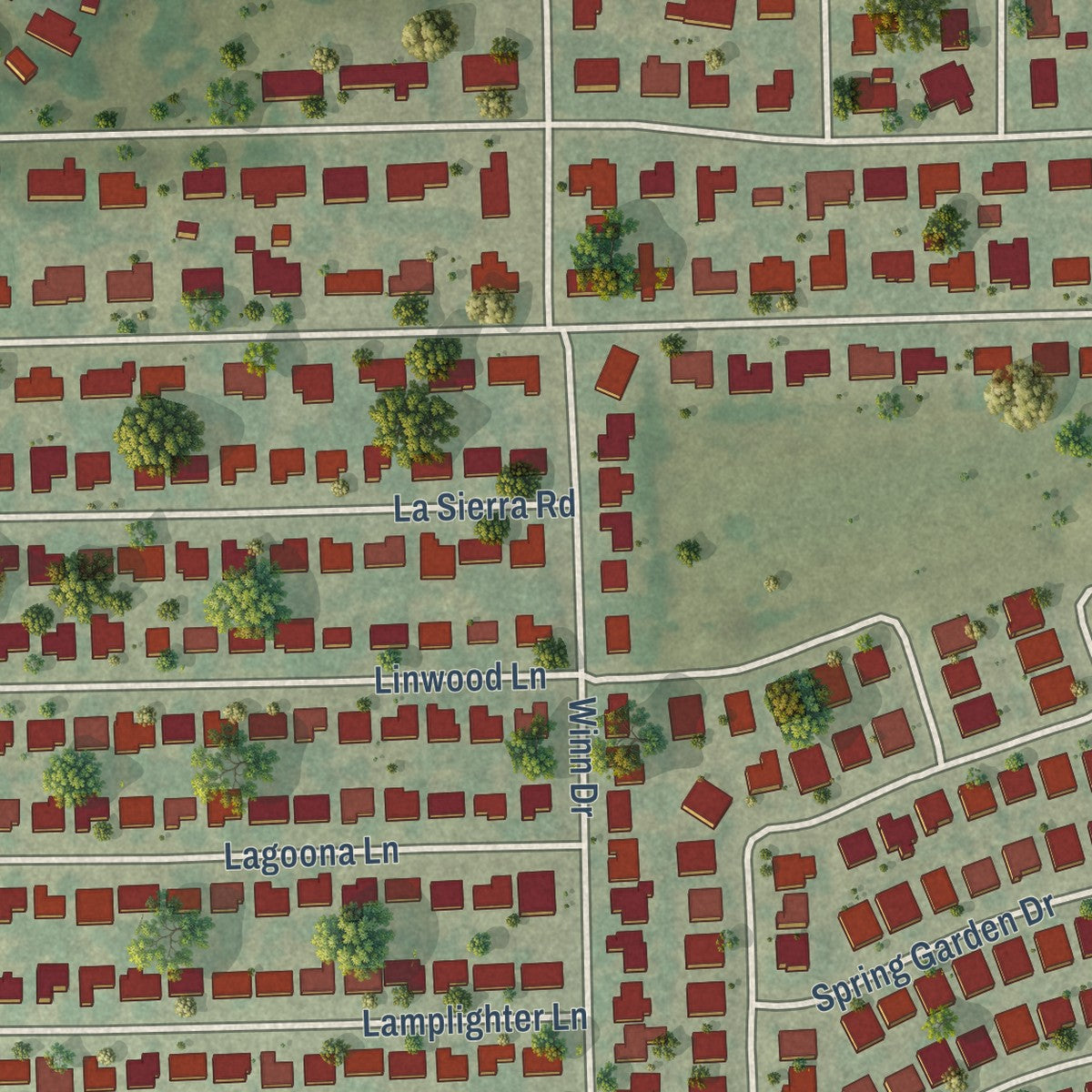 Second close-up of the map of Edgecliff Village, Texas print showing more streets and buildings