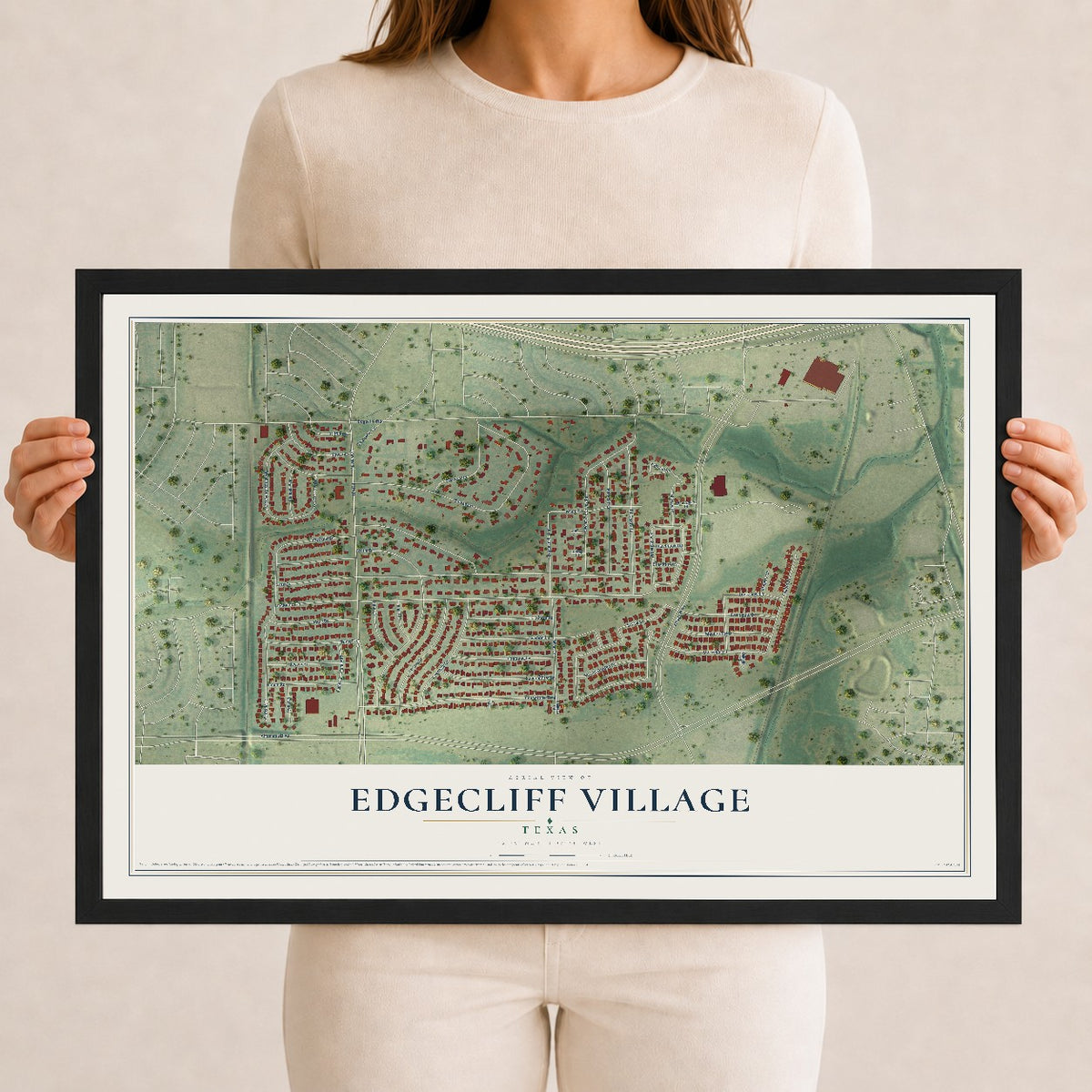 Map of Edgecliff Village, Texas, 12 x 18 inch print in a black wood frame
