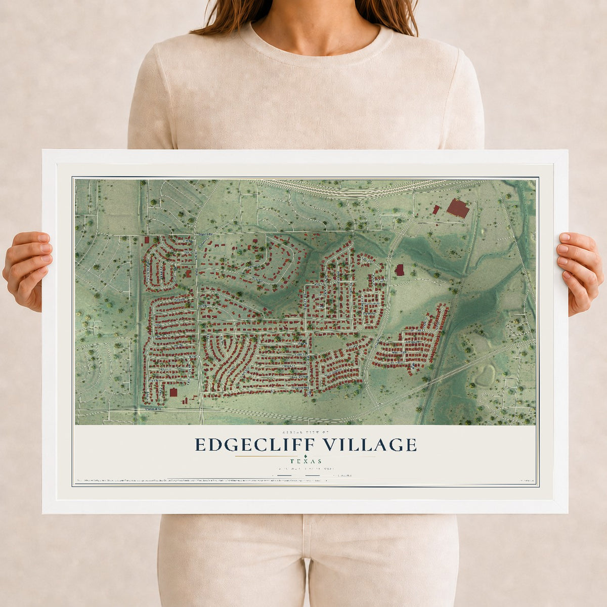Map of Edgecliff Village, Texas, 12 x 18 inch print in a white wood frame