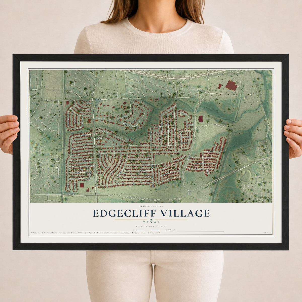 Map of Edgecliff Village, Texas, 18 x 24 inch print in a black wood frame