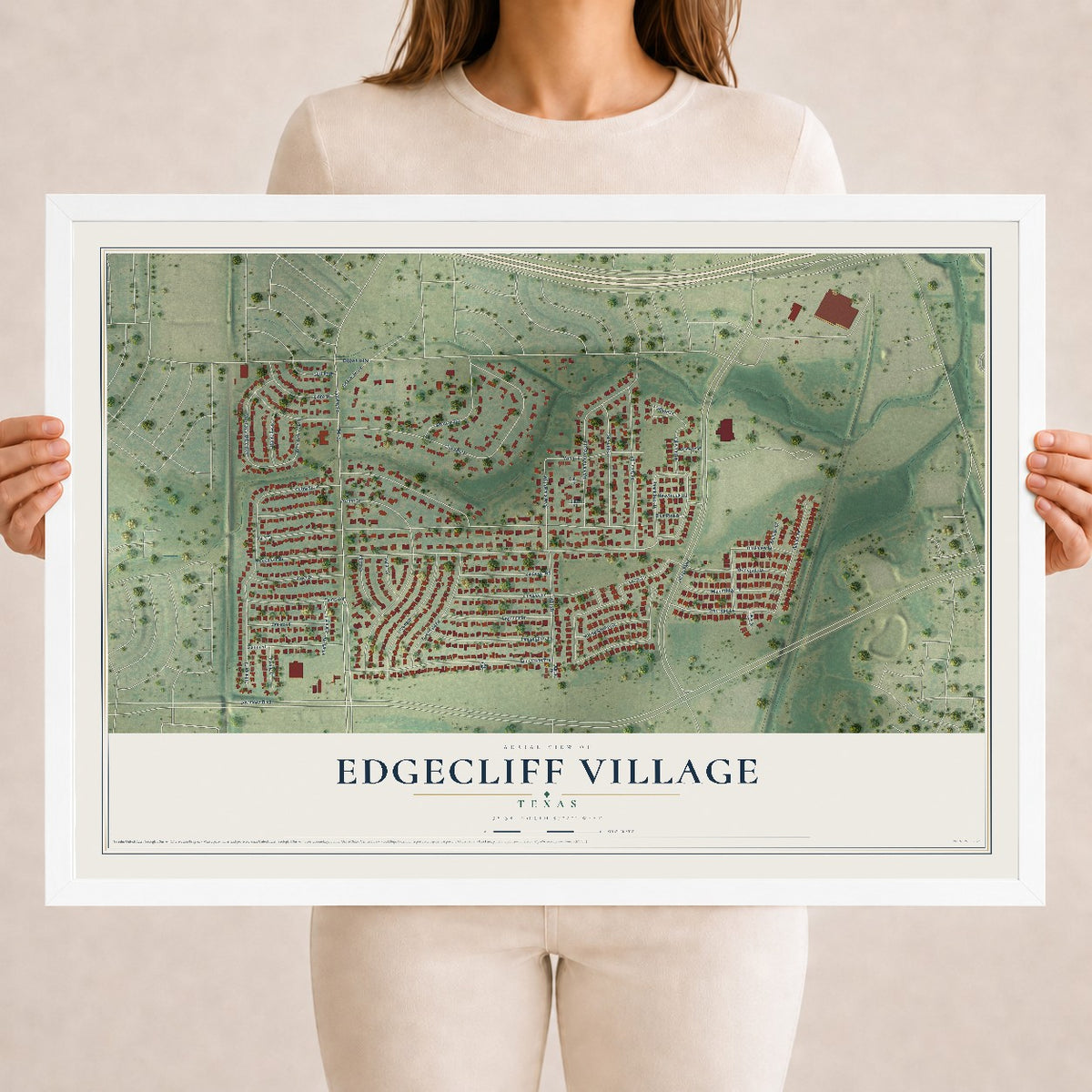Map of Edgecliff Village, Texas, 18 x 24 inch print in a white wood frame