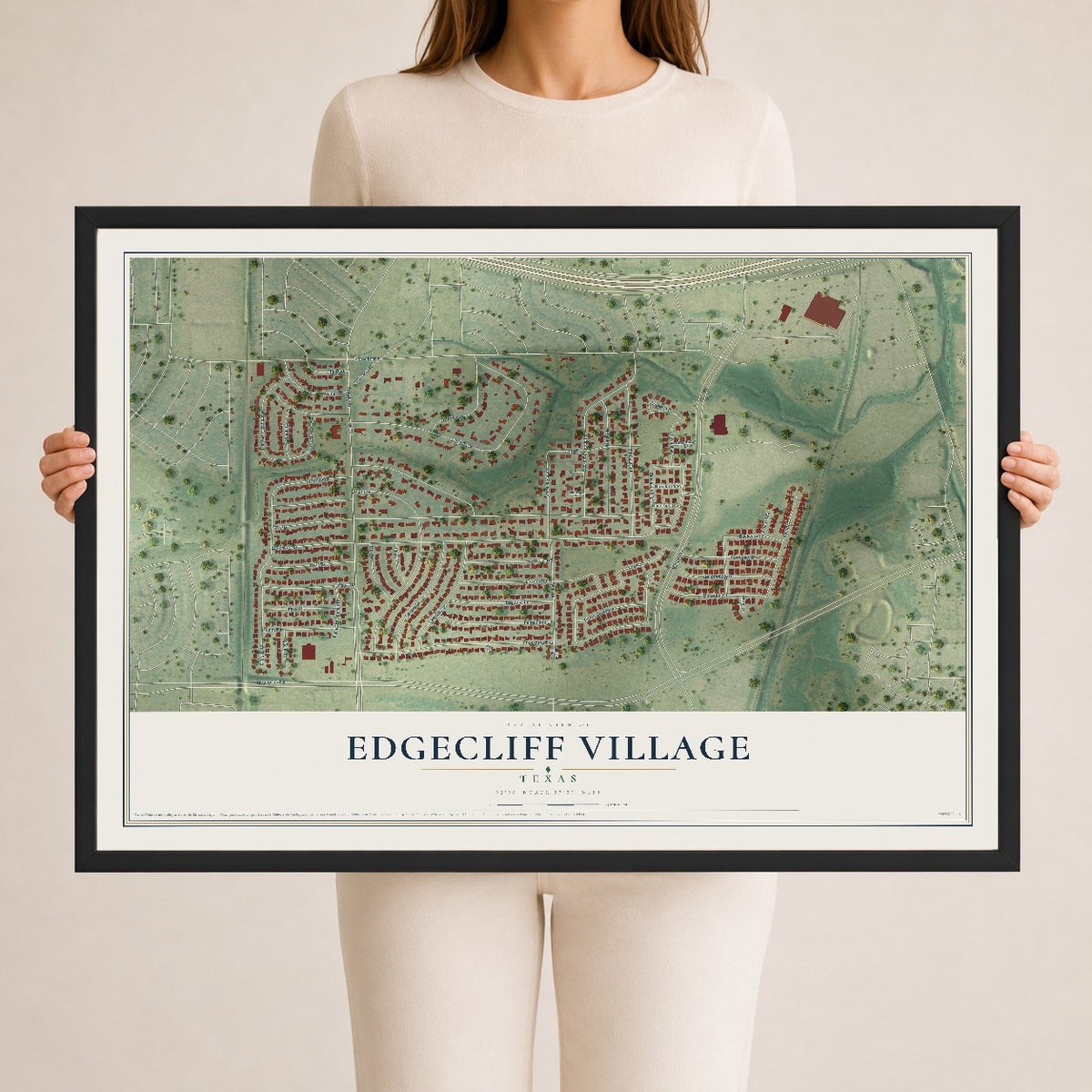 Map of Edgecliff Village, Texas, 24 x 36 inch print in a black wood frame