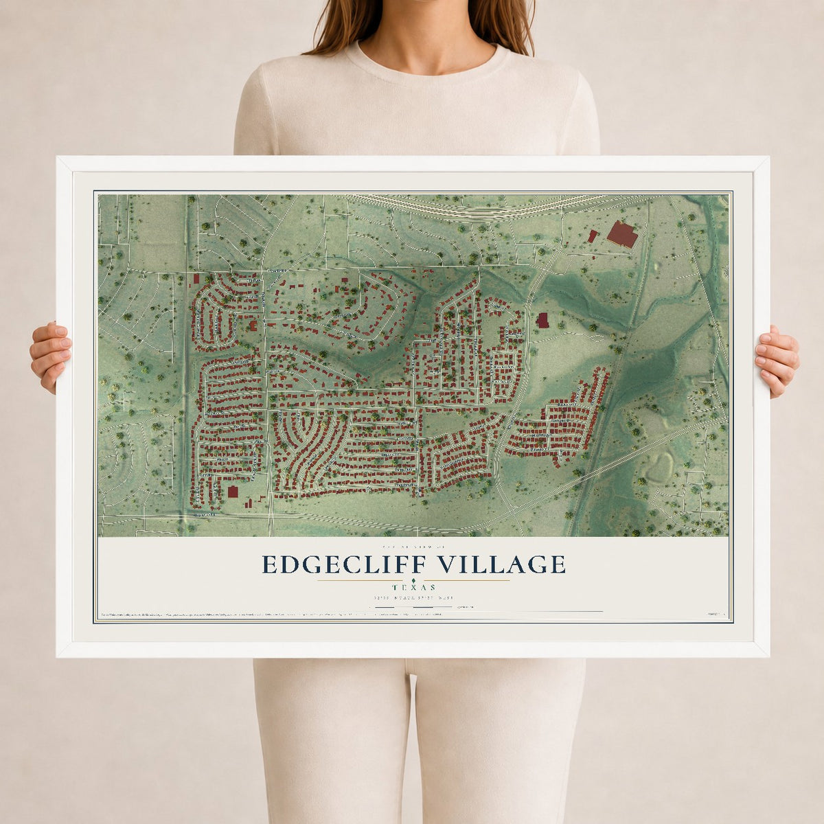 Map of Edgecliff Village, Texas, 24 x 36 inch print in a white wood frame