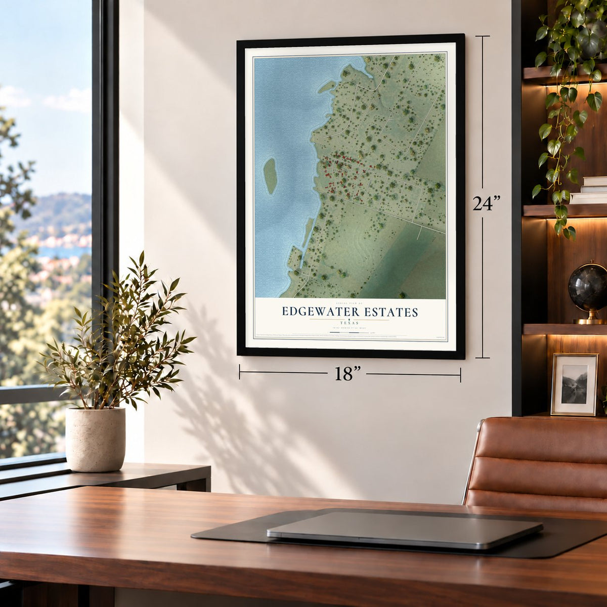 Edgewater Estates, Texas map, 18 x 24 inch print in a black frame in a home office