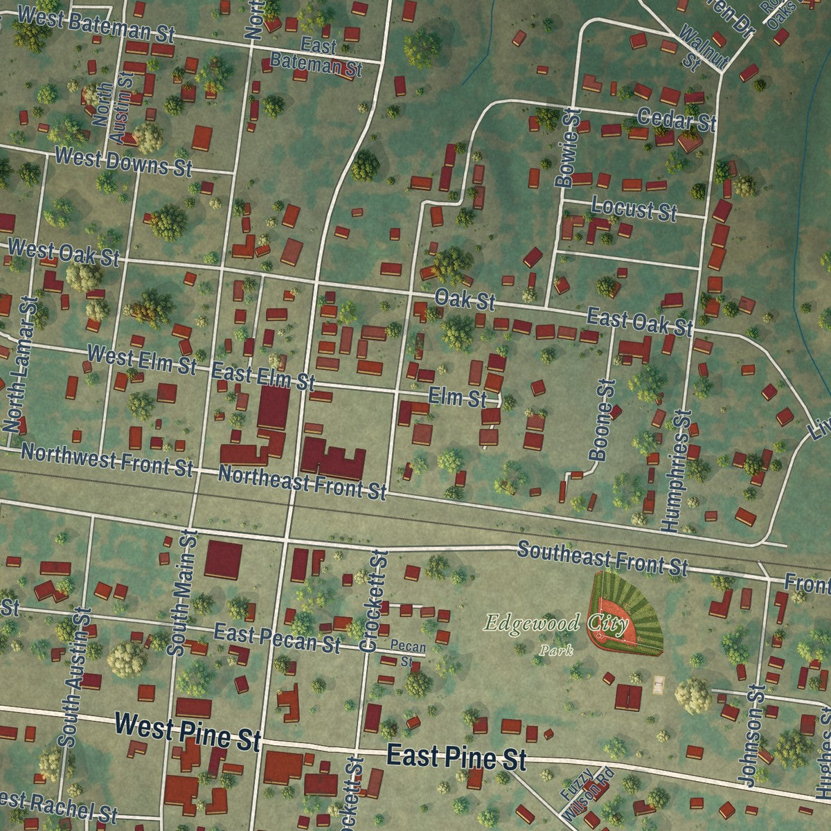 Close-up of the map of Edgewood, Texas print showing street and building detail