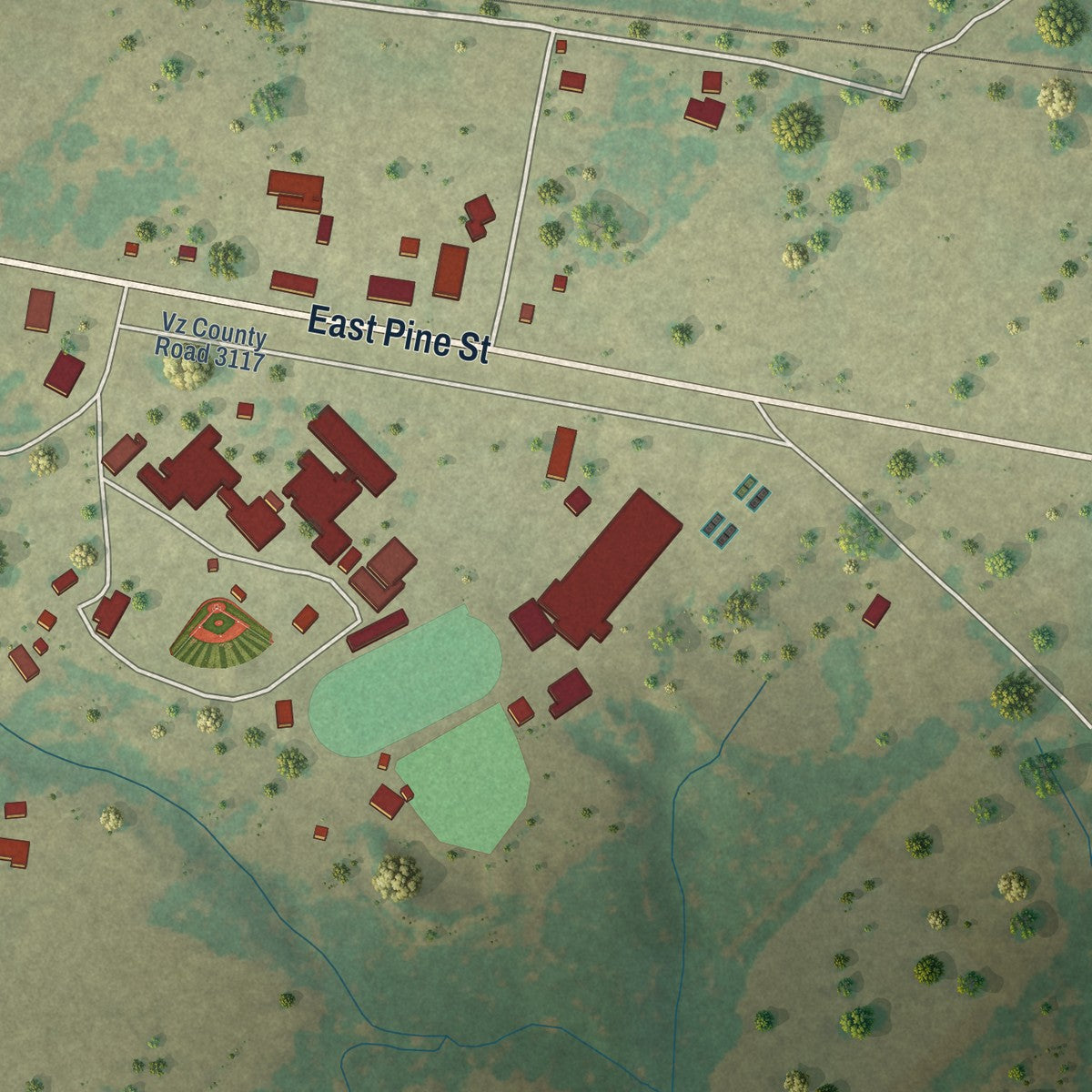 Second close-up of the map of Edgewood, Texas print showing more streets and buildings