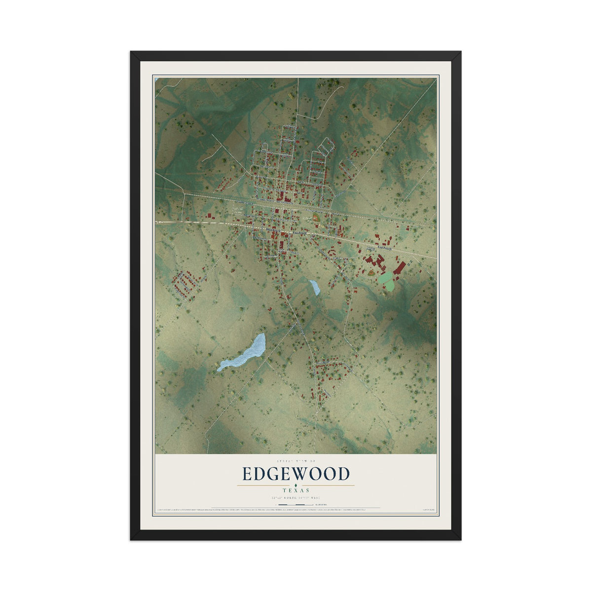 Map of Edgewood, Texas, 12 x 18 inch print in a black wood frame