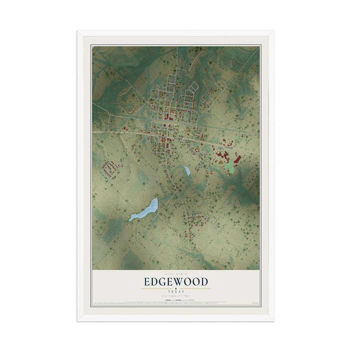 Map of Edgewood, Texas, 12 x 18 inch print in a white wood frame