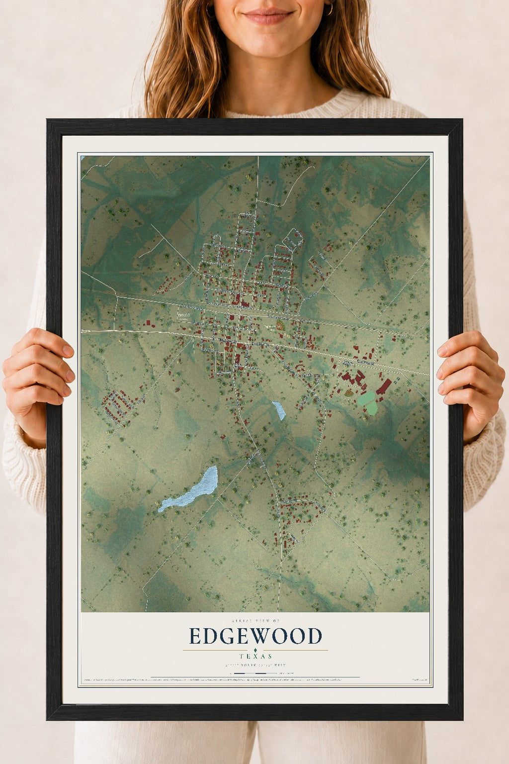 Map of Edgewood, Texas, 18 x 24 inch print in a black wood frame