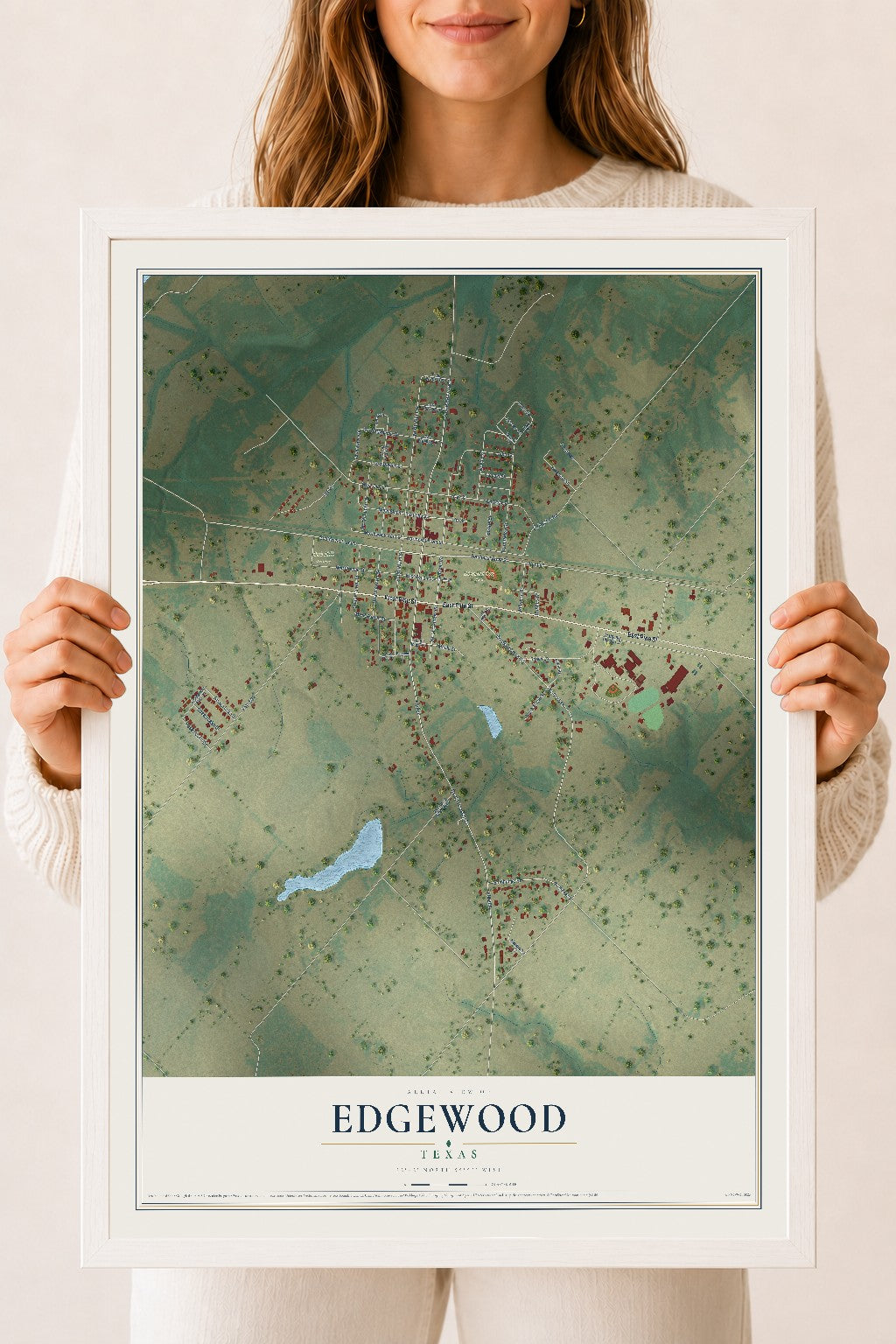 Map of Edgewood, Texas, 18 x 24 inch print in a white wood frame