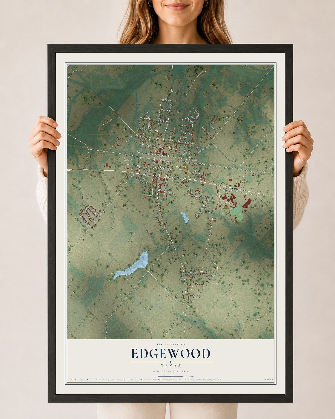 Map of Edgewood, Texas, 24 x 36 inch print in a black wood frame
