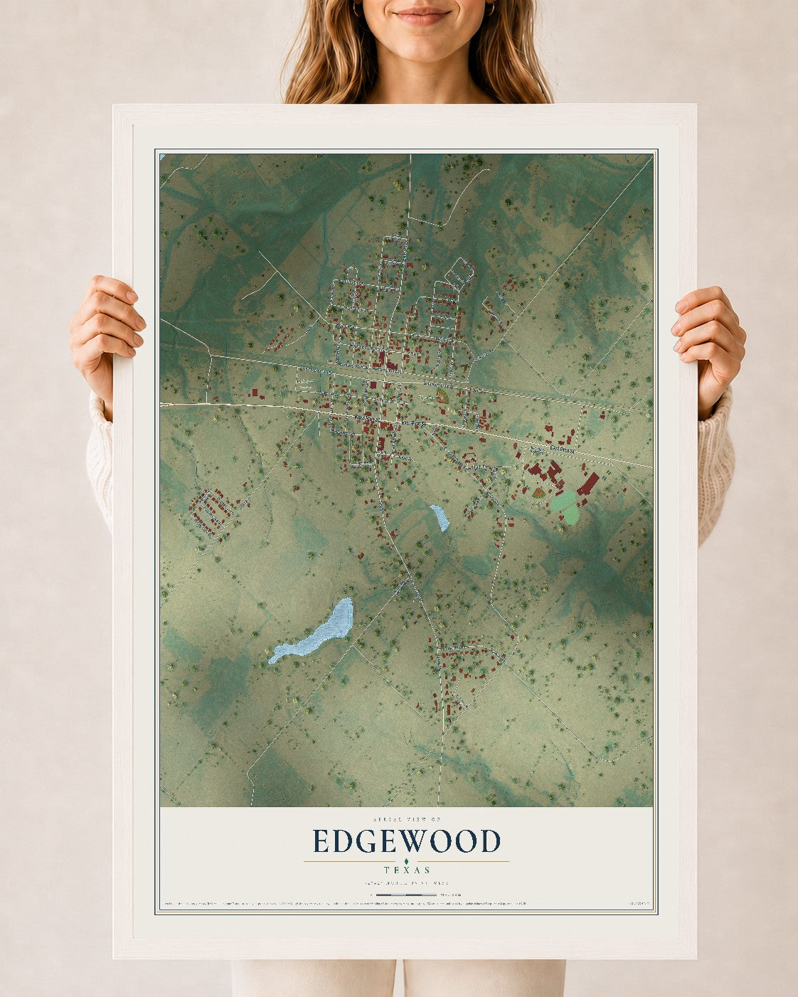 Map of Edgewood, Texas, 24 x 36 inch print in a white wood frame