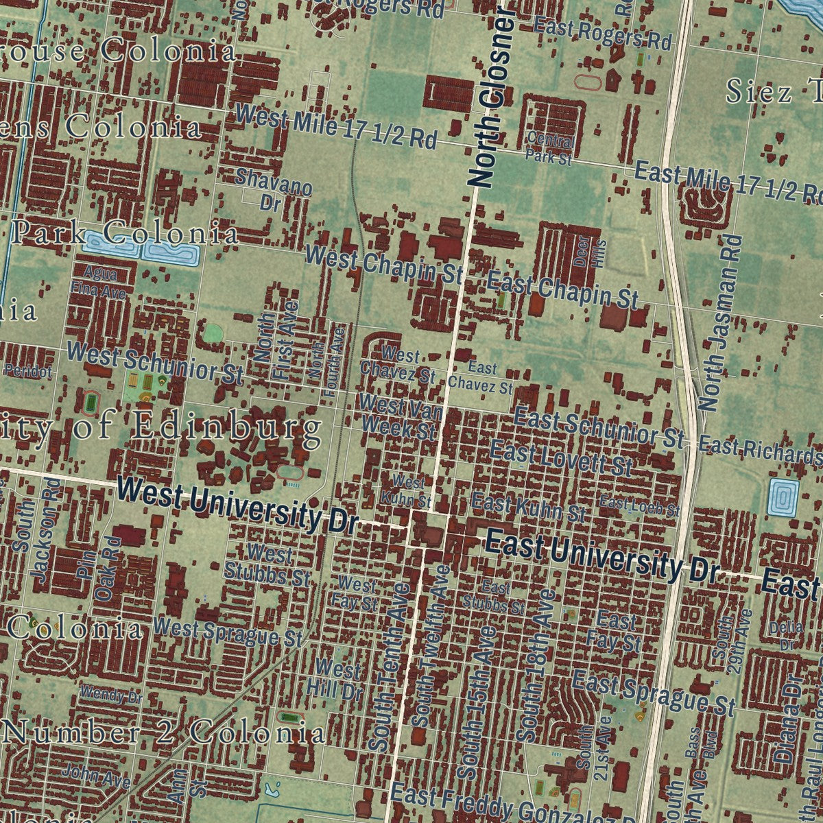 Close-up of the map of Edinburg, Texas print showing street and building detail