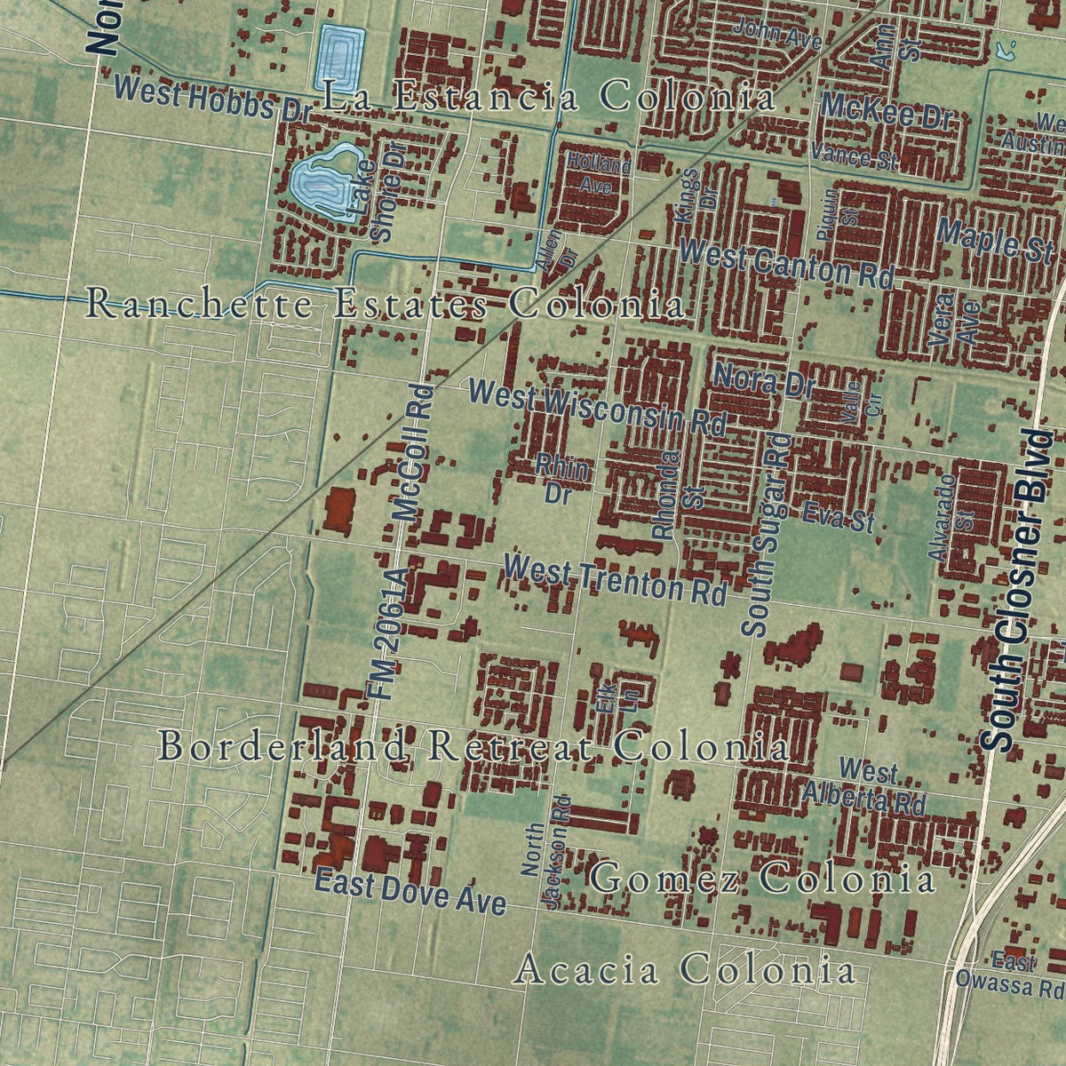 Second close-up of the map of Edinburg, Texas print showing more streets and buildings