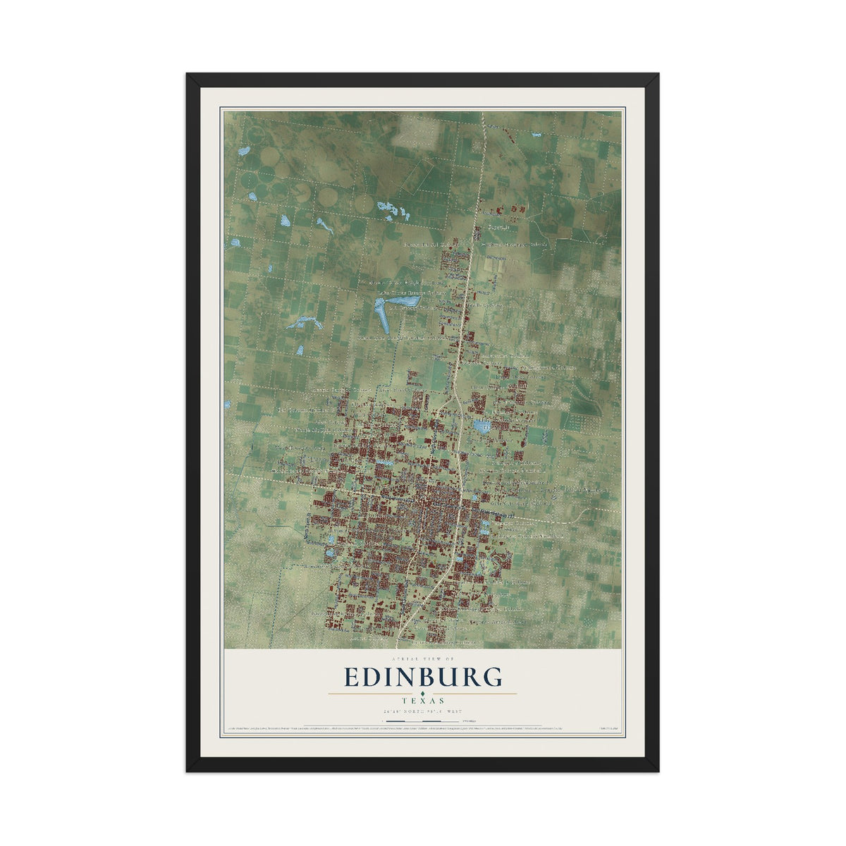 Map of Edinburg, Texas, 12 x 18 inch print in a black wood frame
