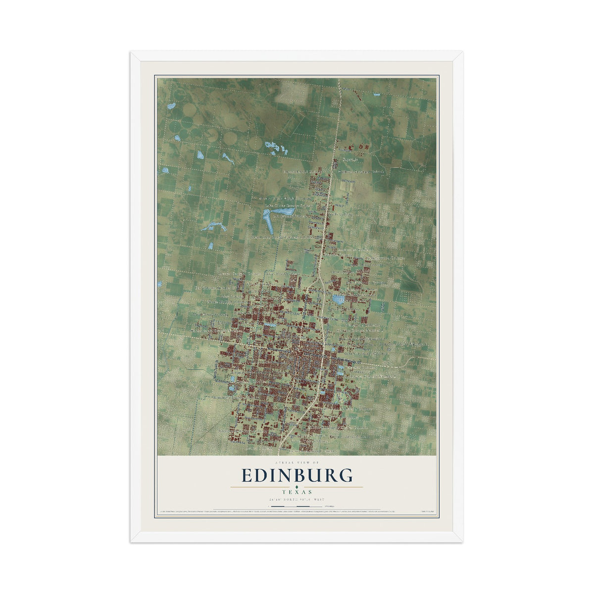 Map of Edinburg, Texas, 12 x 18 inch print in a white wood frame