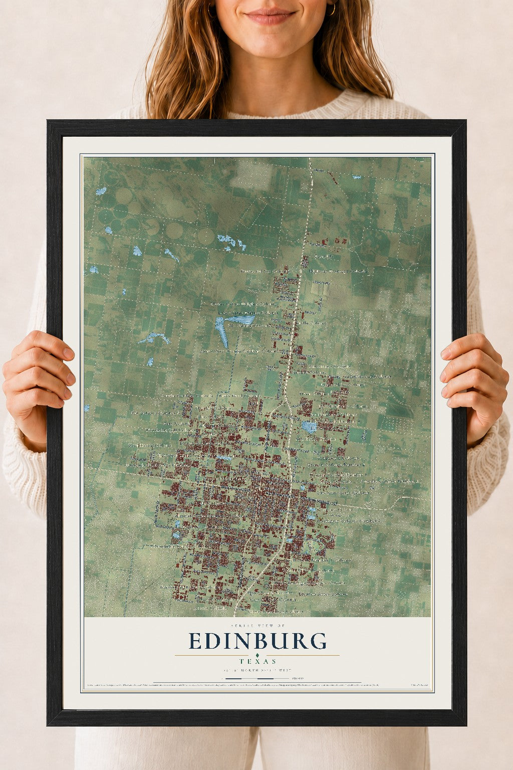 Map of Edinburg, Texas, 18 x 24 inch print in a black wood frame