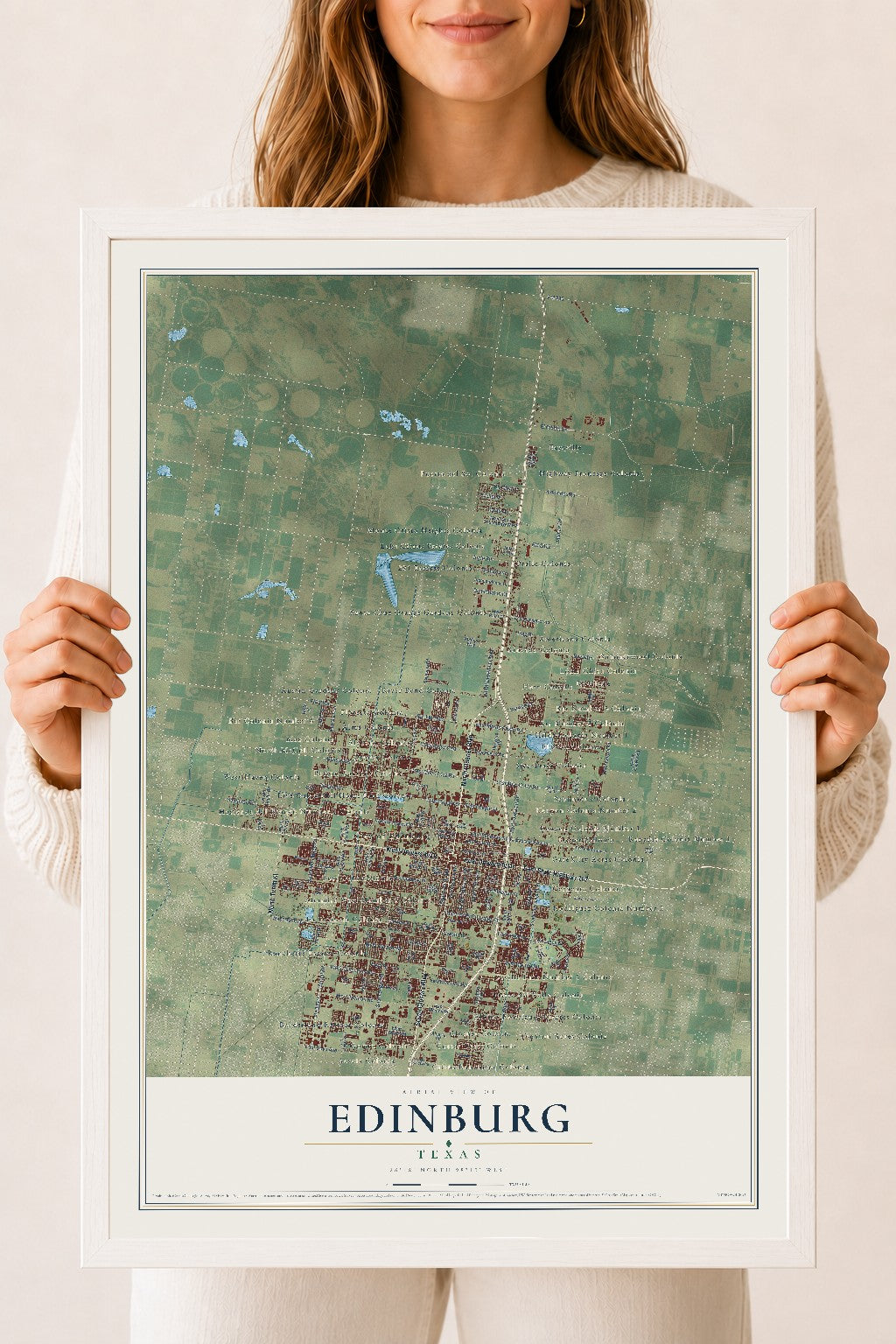 Map of Edinburg, Texas, 18 x 24 inch print in a white wood frame