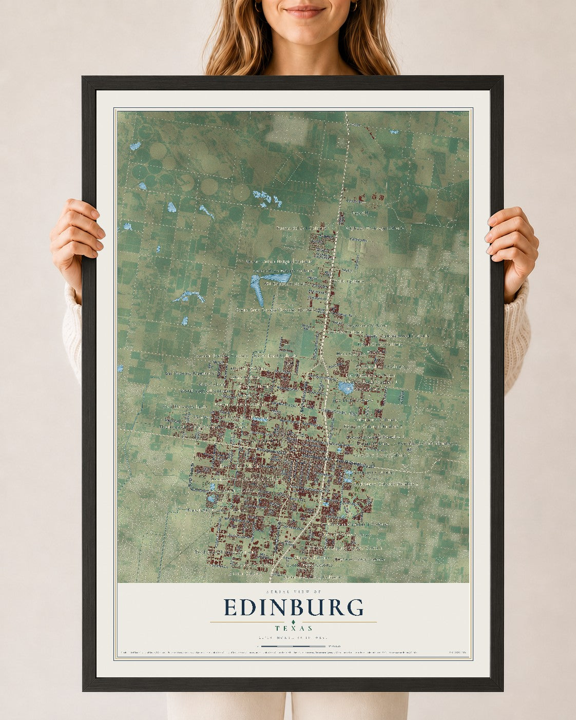 Map of Edinburg, Texas, 24 x 36 inch print in a black wood frame