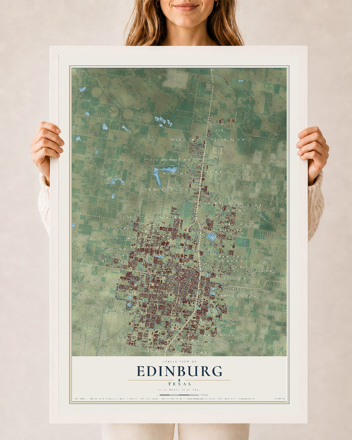 Map of Edinburg, Texas, 24 x 36 inch print in a white wood frame