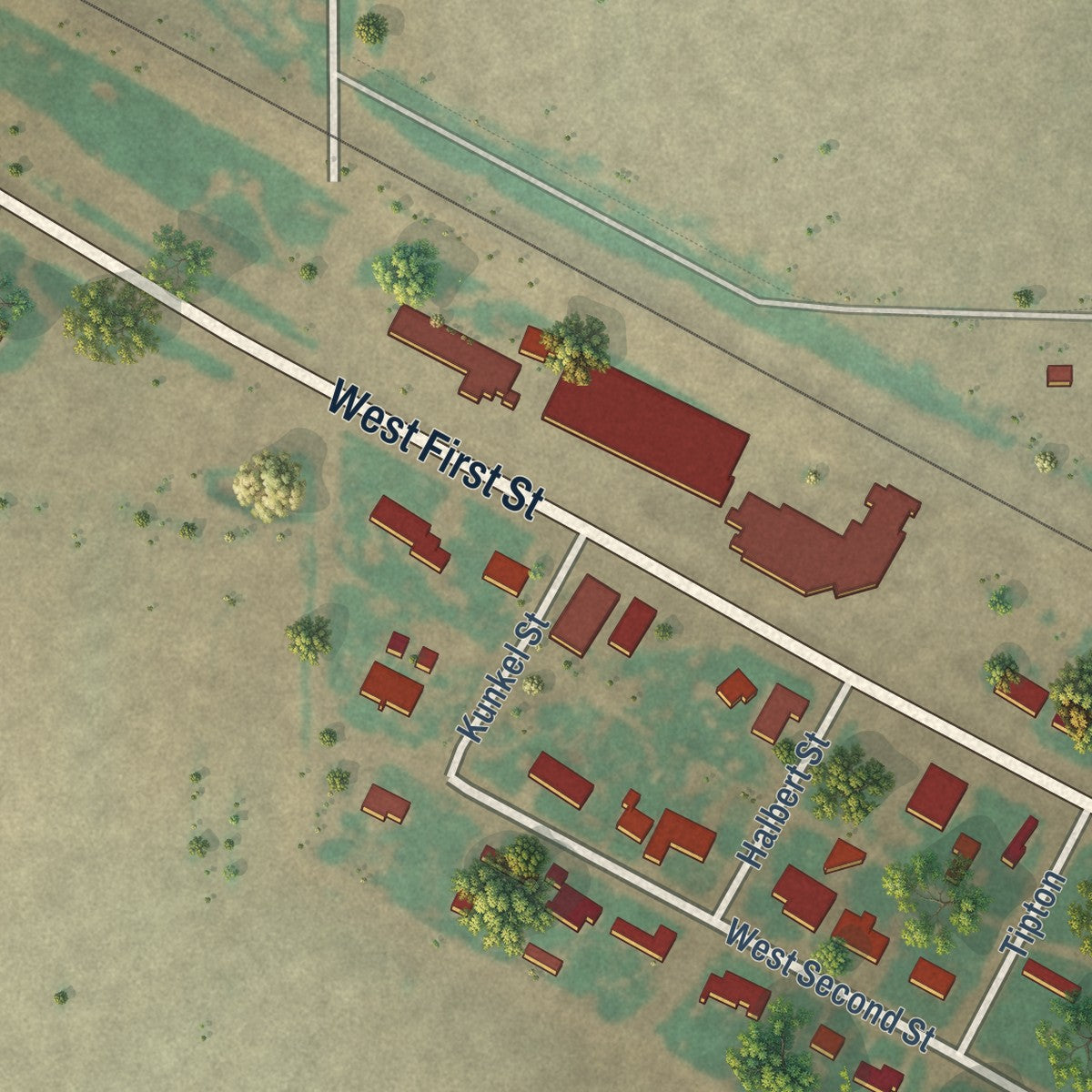 Close-up of the map of Edmonson, Texas print showing street and building detail