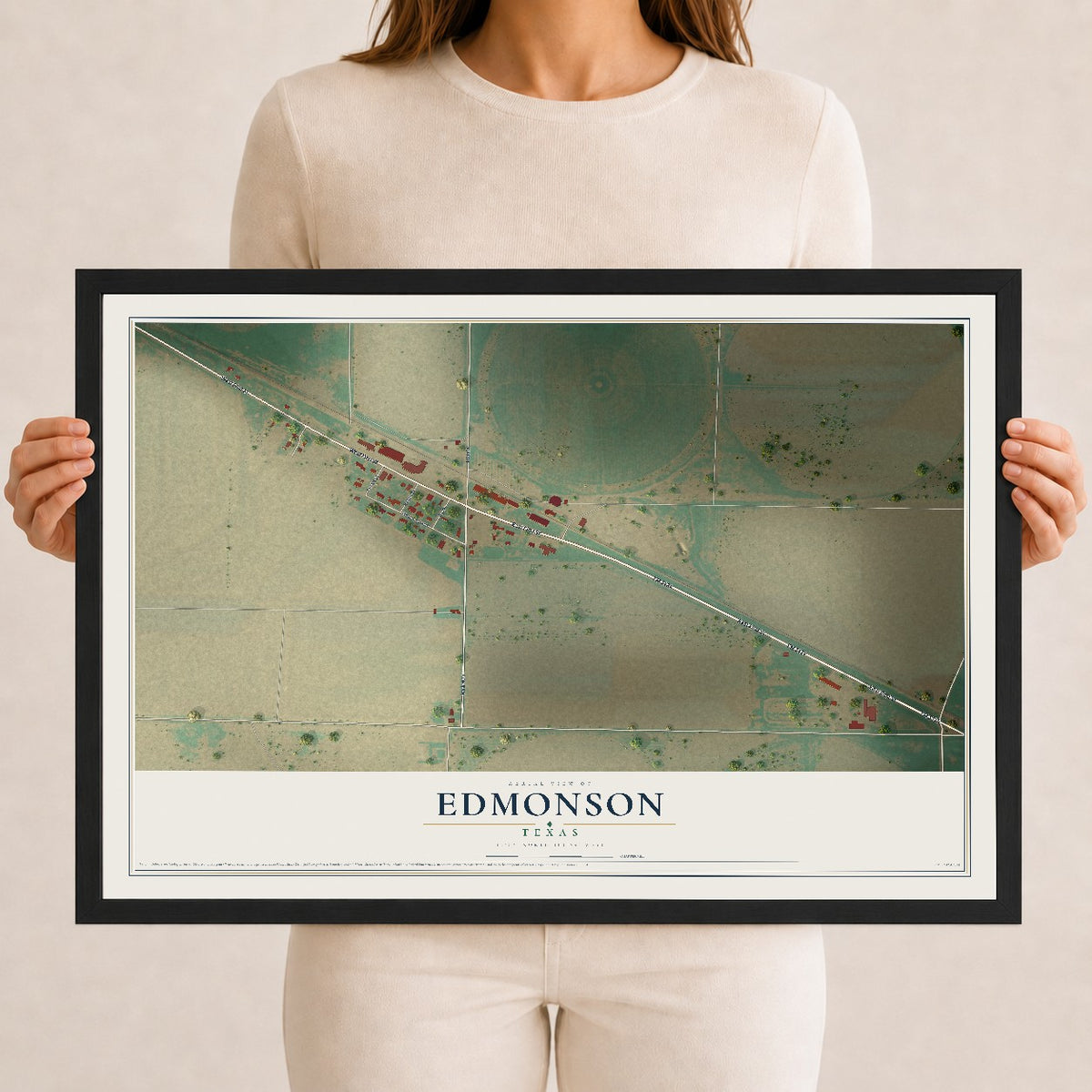 Map of Edmonson, Texas, 12 x 18 inch print in a black wood frame