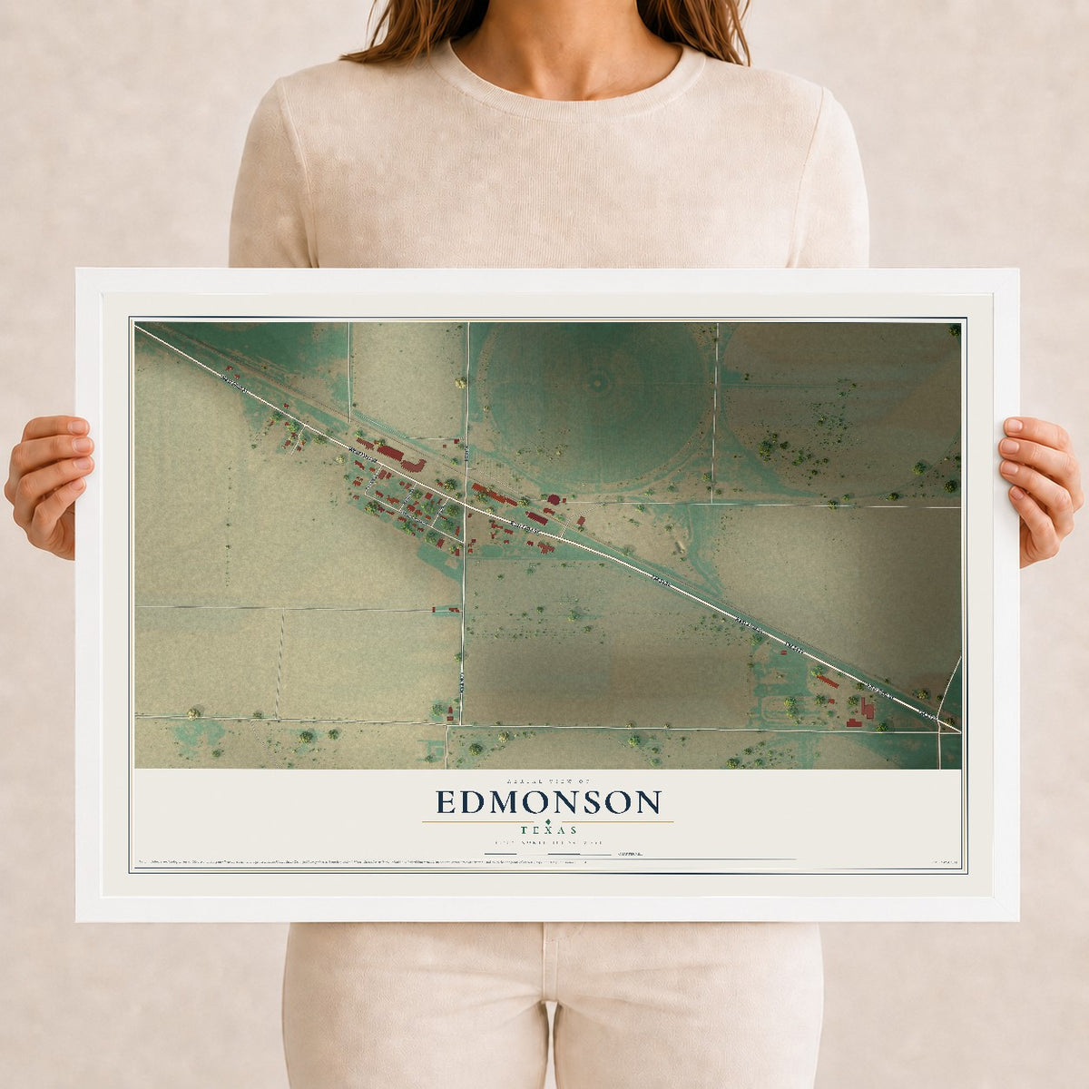 Map of Edmonson, Texas, 12 x 18 inch print in a white wood frame