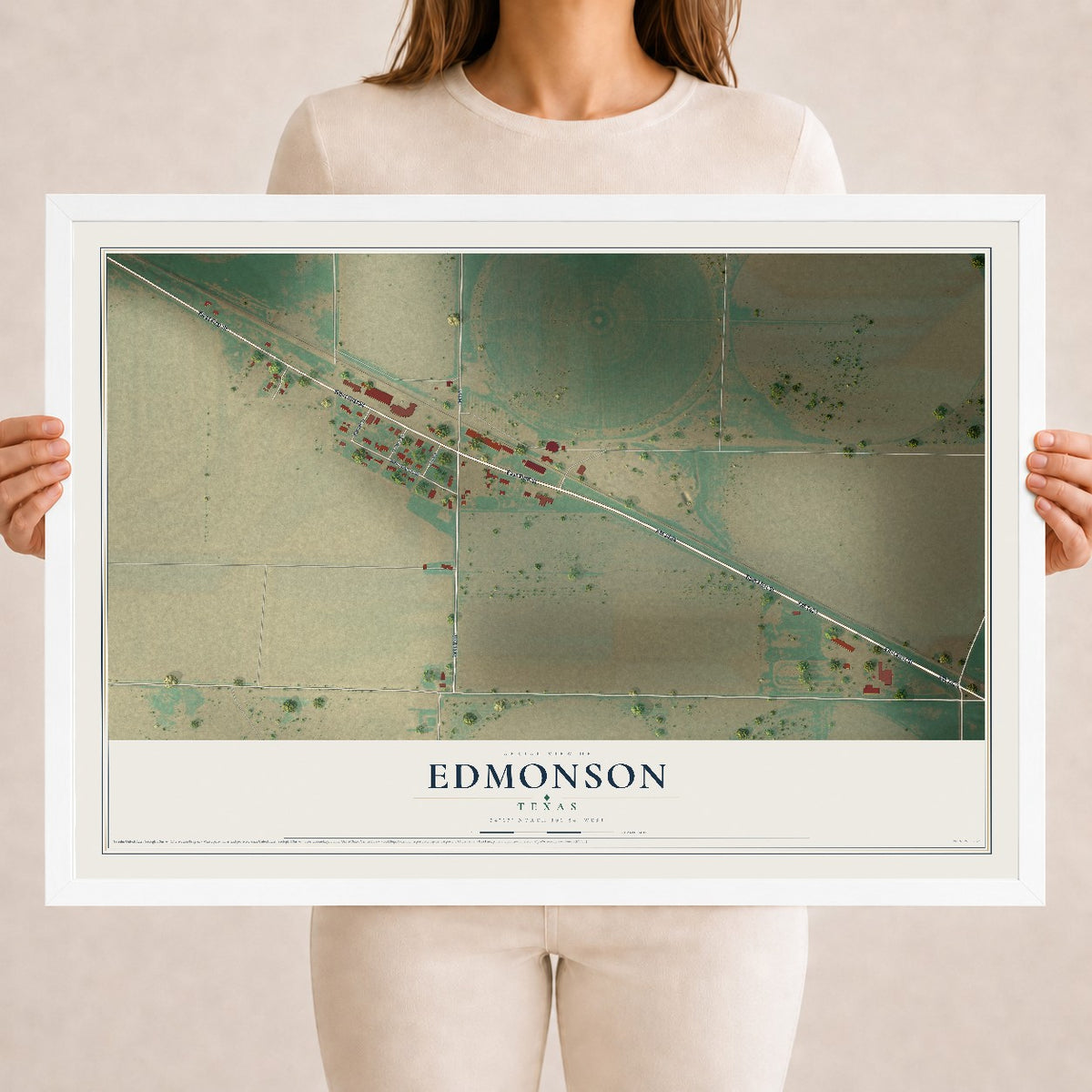 Map of Edmonson, Texas, 18 x 24 inch print in a white wood frame