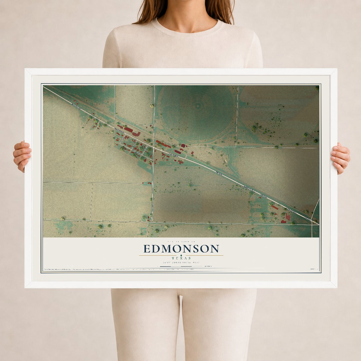 Map of Edmonson, Texas, 24 x 36 inch print in a white wood frame